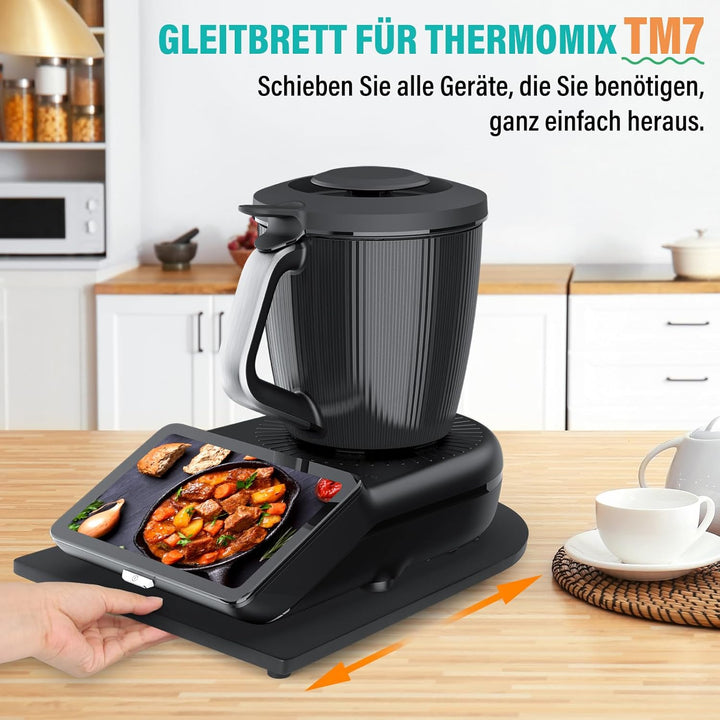 Bambus Gleitbrett für Thermomix TM7 – Mit 360° Rollen + Rutschfest Gummifüsse des Schnelles Bewegen/