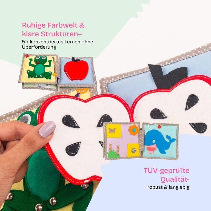 Jolly Designs Mini Quiet Book Dösender Löwe – Montessori Spielzeug ab 1 Jahr – Stoffbuch & Busy Book