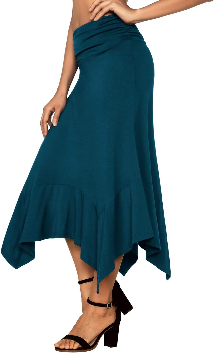 DJT Damen Elegant Elastisch Taille Rock A-Linie Faltenrock Midi Rock mit Taschentuch Saum L Blaugrün