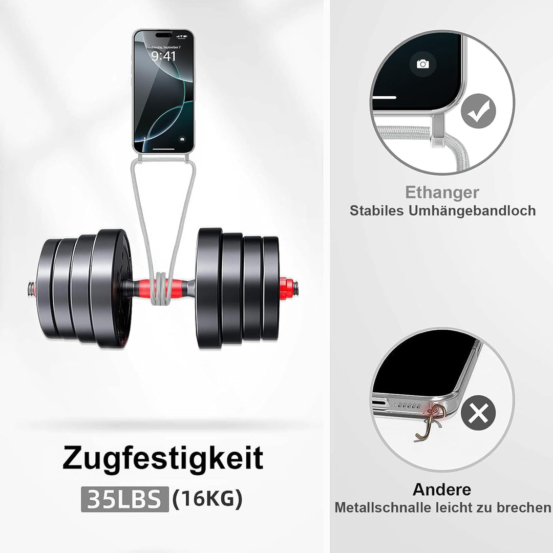 Ethanger Handykette für iPhone 16 Pro Max Hülle mit Band + 2 Stück Glas Schutzfolie Transparent Sili