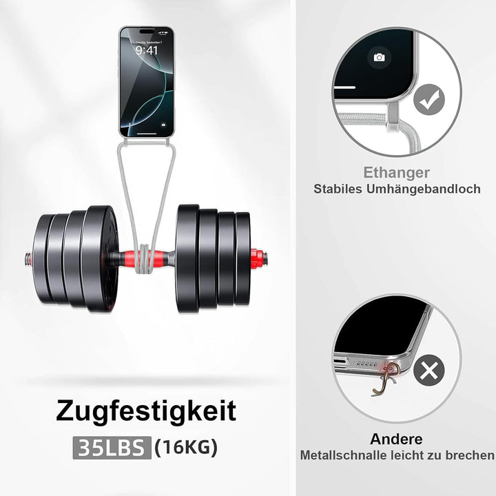 Ethanger Handykette für iPhone 16 Pro Max Hülle mit Band + 2 Stück Glas Schutzfolie Transparent Sili