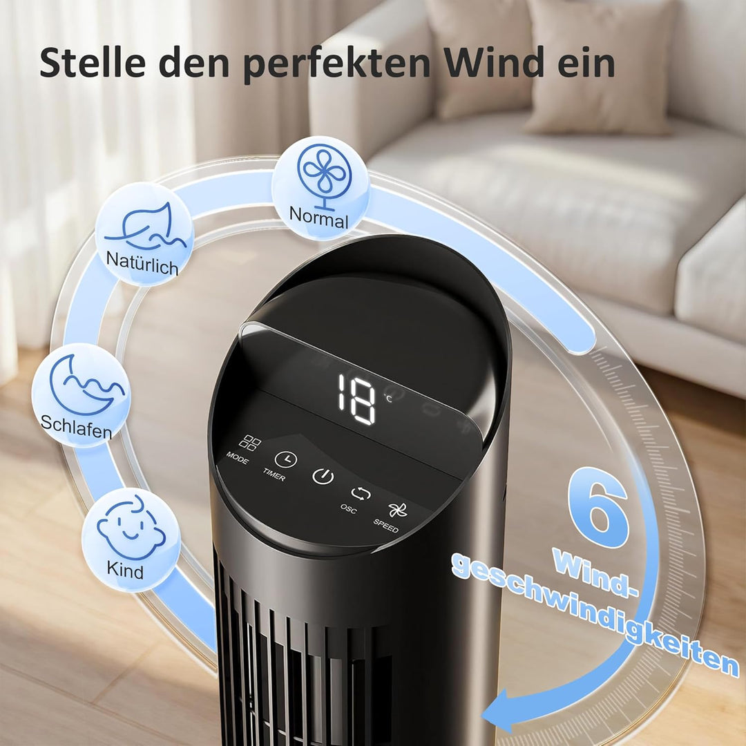HOMCOM Turmventilator mit Fernbedienung, WiFi-App 65° Oszillierender 116 cm Ventilator mit 6 Geschwi