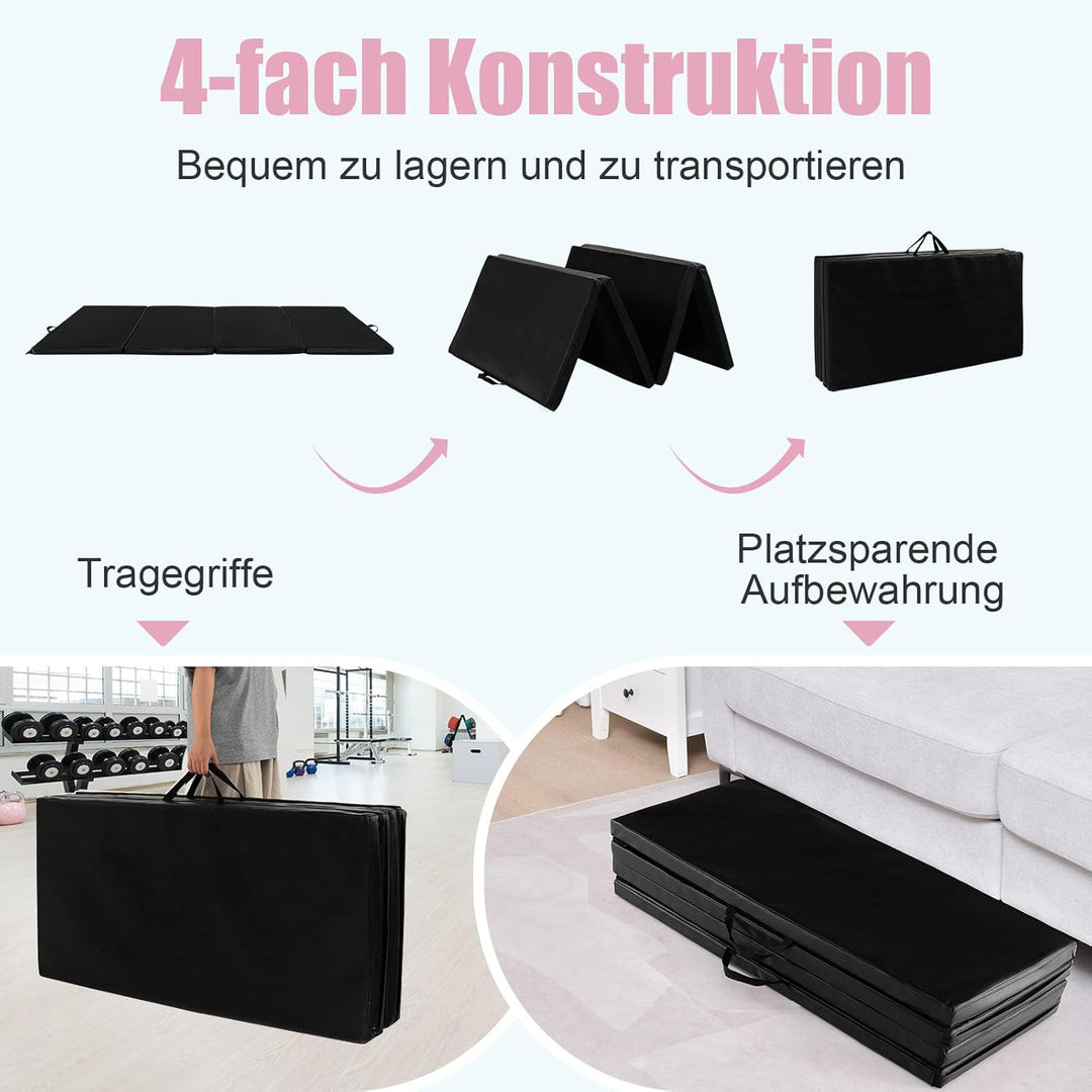 GYMAX Gymnastikmatte klappbar, rutschfeste & reissfeste Weichbodenmatte mit Kunstleder-Bezug & 2 Tra