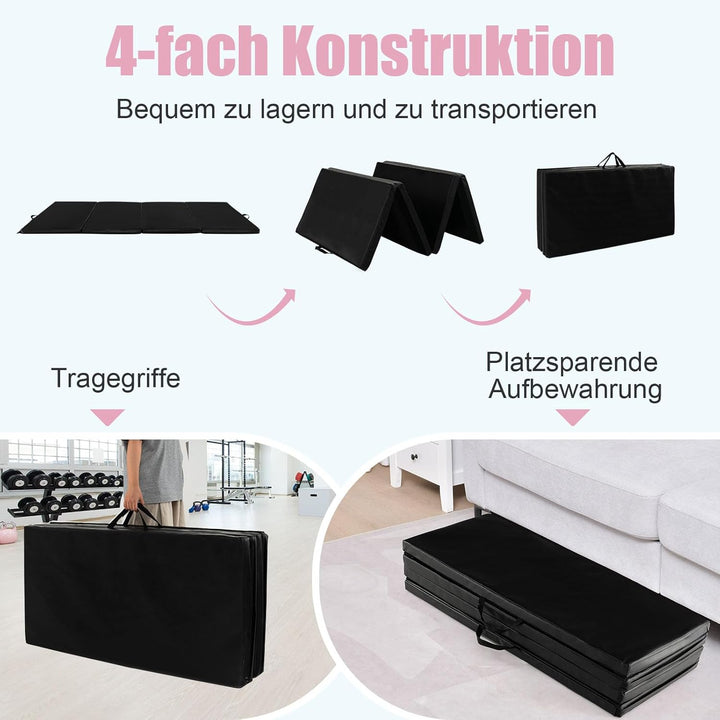 GYMAX Gymnastikmatte klappbar, rutschfeste & reissfeste Weichbodenmatte mit Kunstleder-Bezug & 2 Tra