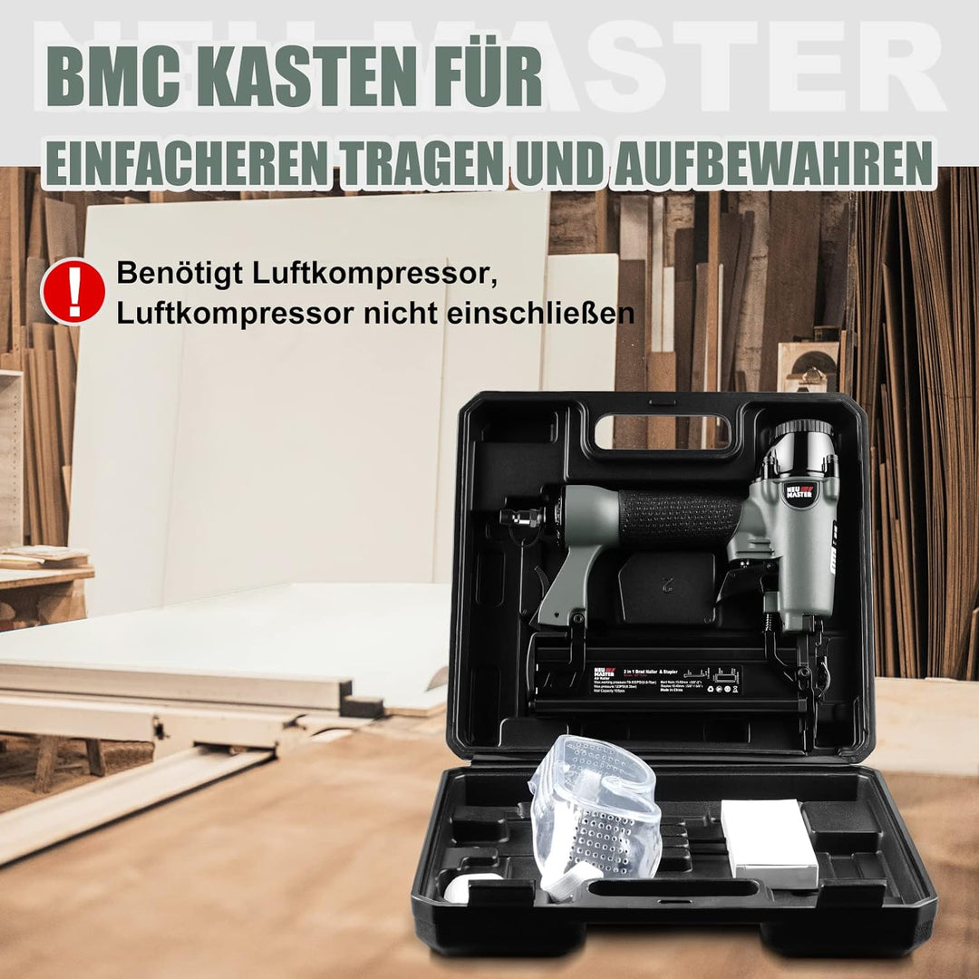 NEU MASTER Druckluftnagler, 2 in1 Drucklufttacker mit Transportkoffer inkl. 800 Nägel und 200 Klamme