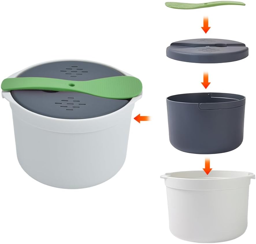 Mikrowellen Reiskocher, 2L Dampfgarer Runde Lebensmittelbehälter Kochen Multifunktionales Kochgeschi