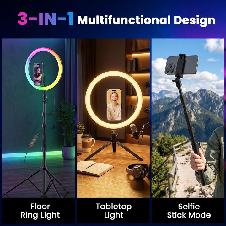 PEYOU 12"/186 cm Selfie Ringlicht mit Stativ Handy,【3-in-1】 Ring Light mit（Tischstativ） 48 RGB-Modi,