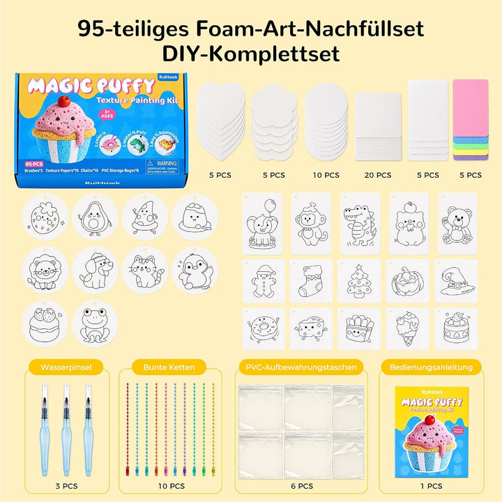 95 Pcs Magic Puffy Paint Nachfüllset – 75 Blätter 3D Schaumtextur, 3 Wasserpinsel, 10 Schlüsselanhän