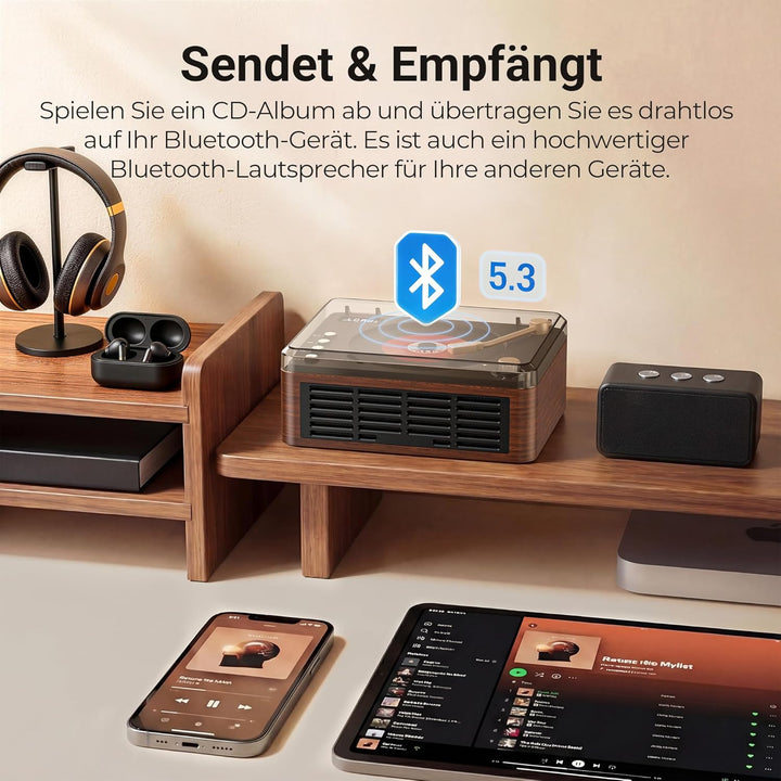 POFOTO Tragbarer CD-Player mit Bluetooth 5.3, langlebigem Akku, LCD-Display, unterstützt USB/AUX/Rad