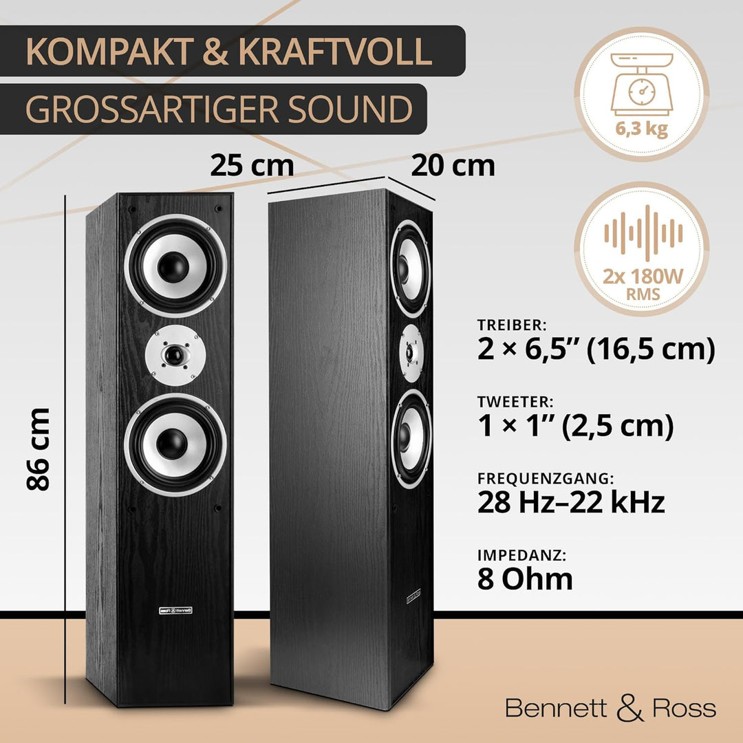 Bennett & Ross Radiant 3-Wege HiFi Standlautsprecher Paar (350W RMS, 6,5" Tieftöner, 6,5" Mitteltöne