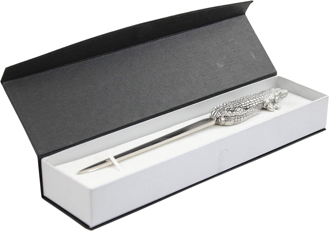 Cavagnini, Eleganter Brieföffner aus Stahl und Zinn, inklusive Geschenkbox (Krokodil) Coccodrillo, C
