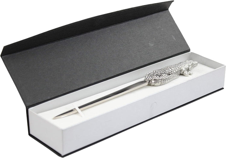 Cavagnini, Eleganter Brieföffner aus Stahl und Zinn, inklusive Geschenkbox (Krokodil) Coccodrillo, C