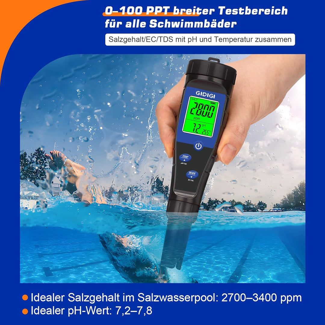 pH Messgerät Salztester für Pool,Digitales 5-in-1 pH TDS EC Salzgehaltmessgerät mit Kalibrierungslös