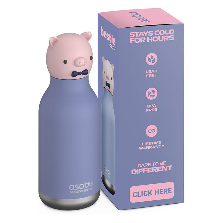 asobu Bestie Piggy Kids Bottle Stainless Steel Insulated Flip Straw BPA Free 500ml Sparschwein, Spar