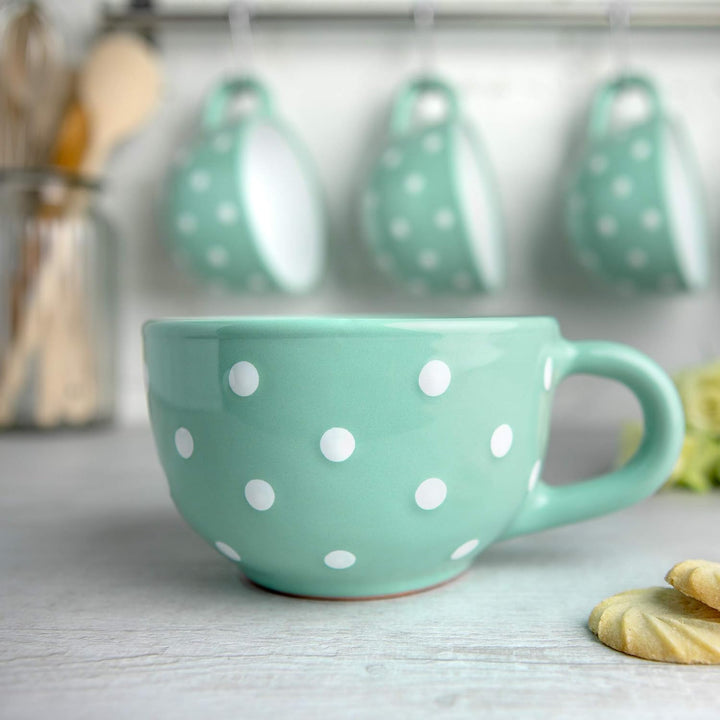 City to Cottage® - Keramik XXL Tasse 500 ml | Kaffeebecher | Türkis und Weiss | Polka Dots | Handgem