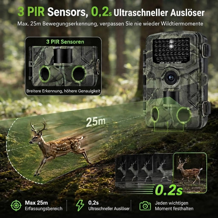 Wildkamera 4K 50MP, Wildtierkamera mit Nachtsicht Bewegungsmelder Weitwinkel 120°, 850nm IR LEDs Nac