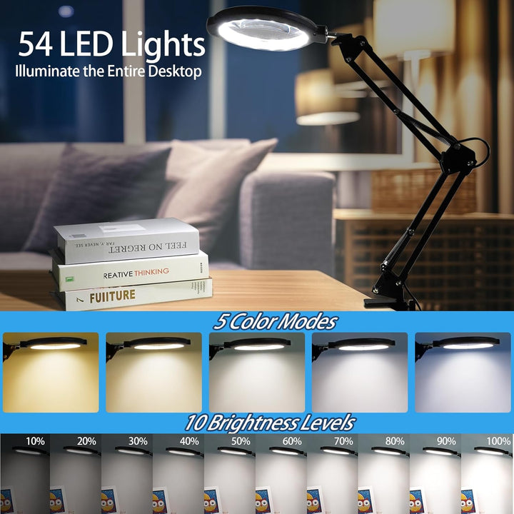 12X Bodenlupe mit Licht und Ständer, Flexible Schwenkarm Lupenleuchte mit 54 LED, 5 Farbmodi stufenl