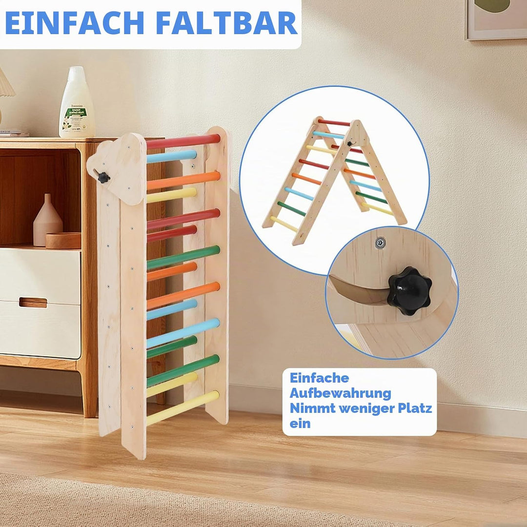 5-in-1 Montessori Kletterdreieck, Klettergerüst Indoor mit Rutsche, Kletterleiter und Zeltdach, Wipp