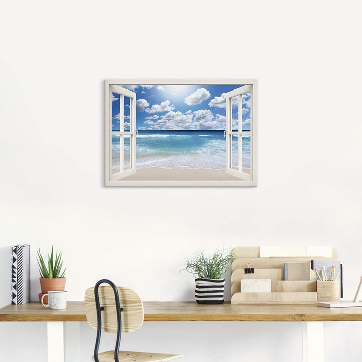 Artland Leinwandbild Wandbild Bild auf Leinwand 100x70 cm Wanddeko Fensterblick Fenster Strand Meer