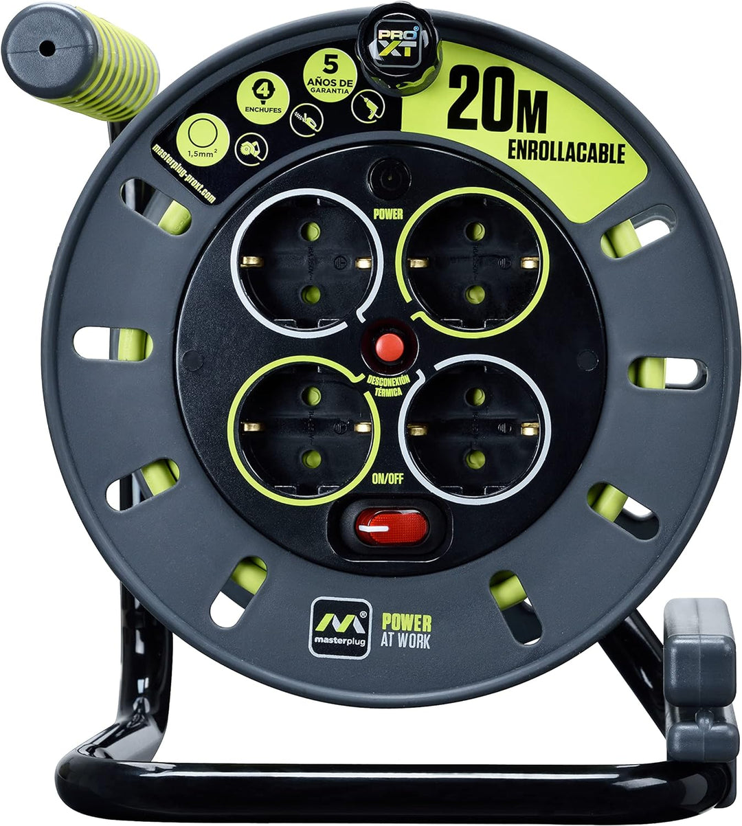 Masterplug Pro-XT Kabeltrommel 20 Meter, 4 EU Schuko-Steckdosen, Verlängerungskabel 16 A, Thermoschu