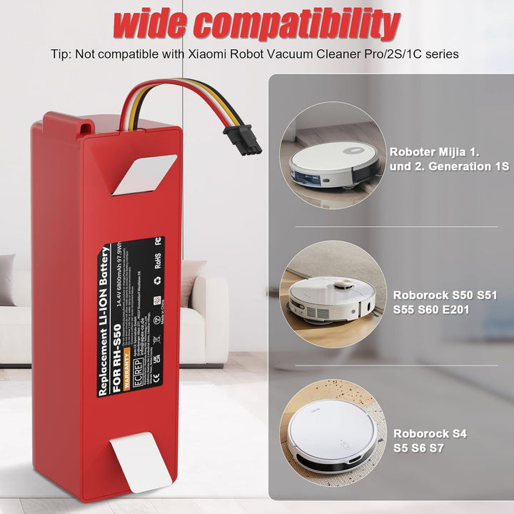 14,4V 6800mAh Li-ion Ersatzakku für Xiaomi Roborock S7 S5 S5 Max S50 S6 Roborock s51 s502-00 Roboter