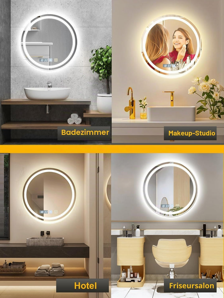 Viugreum Runder Badspiegel mit Beleuchtung, 60cm Spiegel mit Beleuchtung, Badezimmer Wandspiegel mit