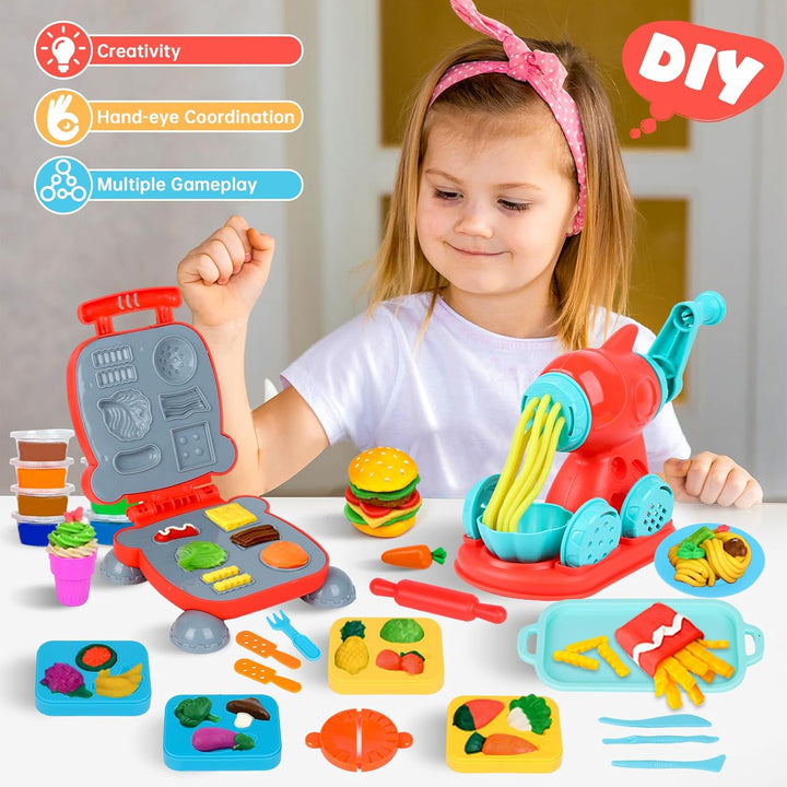 Knetwerkzeug, Knete Zubehör Kitchen Creations Spielset mit 24 Dosen, Knete Set Nudelmaschine Burger