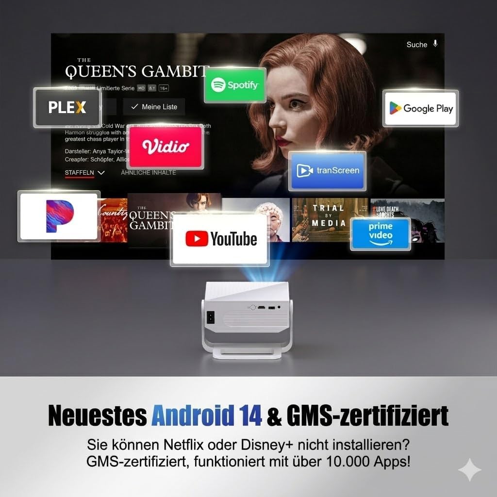 ZDK 2026 Upgrade Mini Beamer Integrierte Apps, Android 14, unterstützt 4K 1080P, Trapezkorrektur, WL