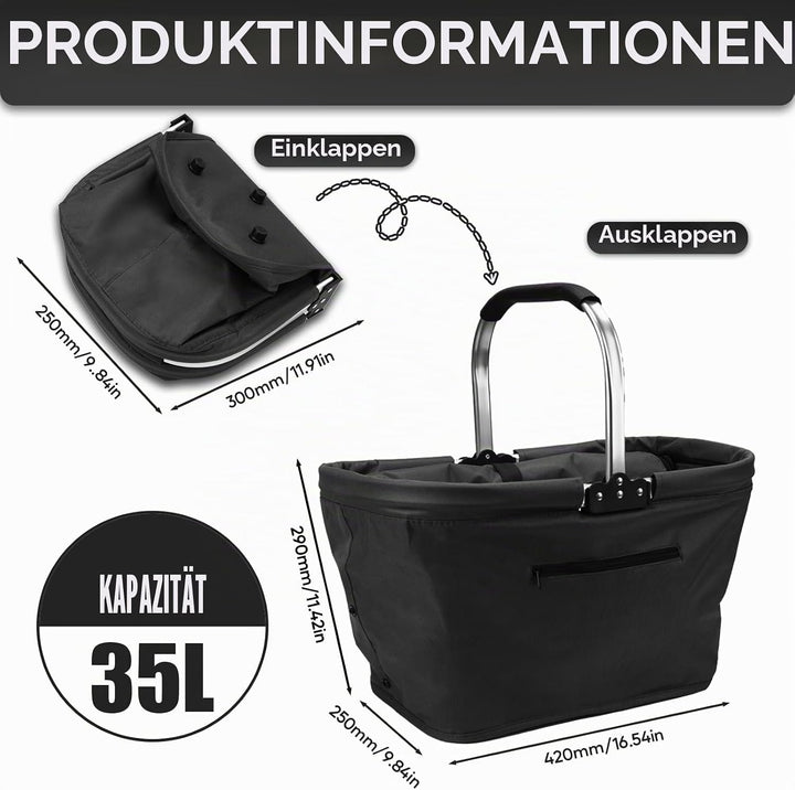 35L Faltbar Einkaufskorb, Tragekorb Picknickkorb mit Reissverschluss am Deckel, Praktischer Klappkor