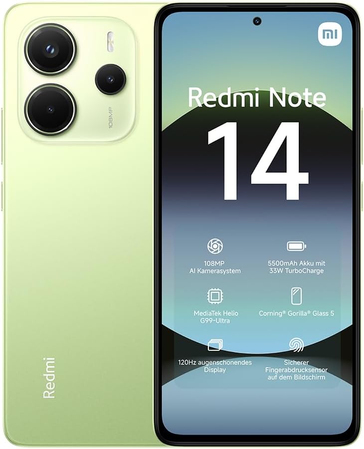 Xiaomi Redmi Note 14 Smartphone, 6 + 128GB, Green, 108MP AI-Kamerasystem, 5500mAh Akku, 120Hz Augens