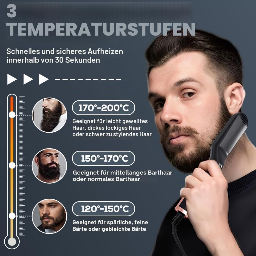 Bartglätter für Männer, 3 in 1 Bart Glätteisen, Elektrische Bart Glättbürste 3 Wärmestufen Verbrühsc