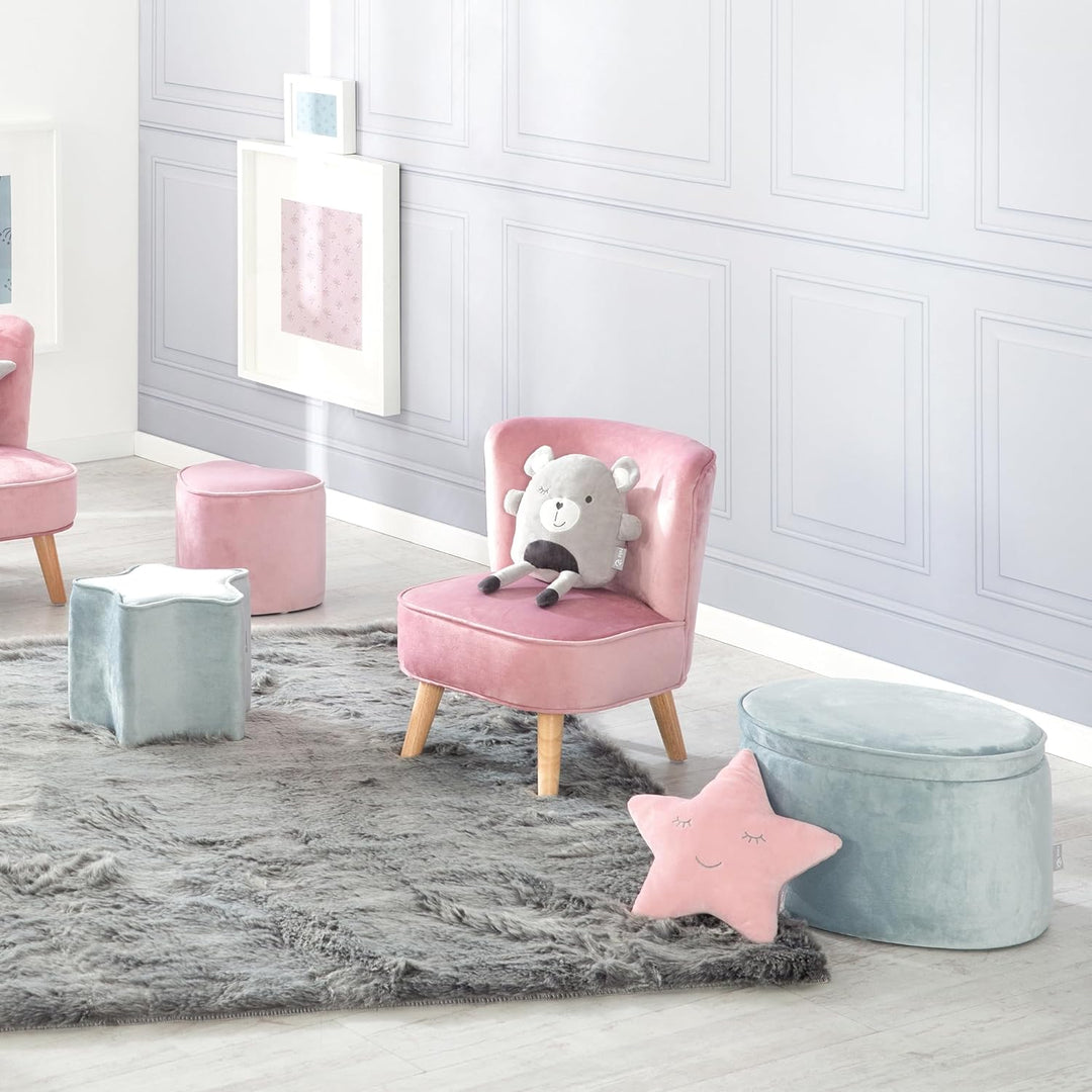 roba Kinderhocker Lil Sofa mit Stauraum - Ovaler Hocker in blauem Samtstoff - Polstermöbel Pouf für