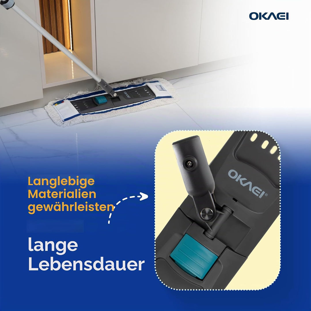 OKAEI Wischmop-Komplettset 40 cm – 5× Bezug Blau‑Weiss‑Beige + Klapphalter & Alu‑Teleskopstiel – Für