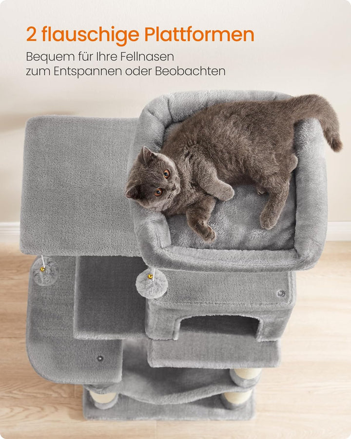 Feandrea Kratzbaum, 112 cm hoch, Katzenbaum, mehrstöckiges Katzenhaus, mit 4 Kratzsäulen, 2 Plattfor