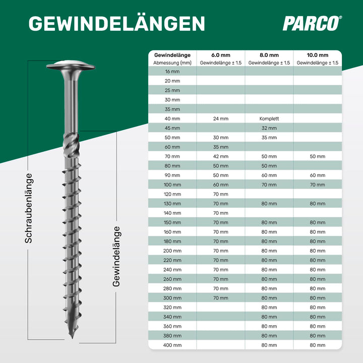 PARCO Tellerkopfschrauben 6 x 180 mm, 100 Stück TX30 Verzinkt, CUT-Spitze, Holzbauschrauben für Kons