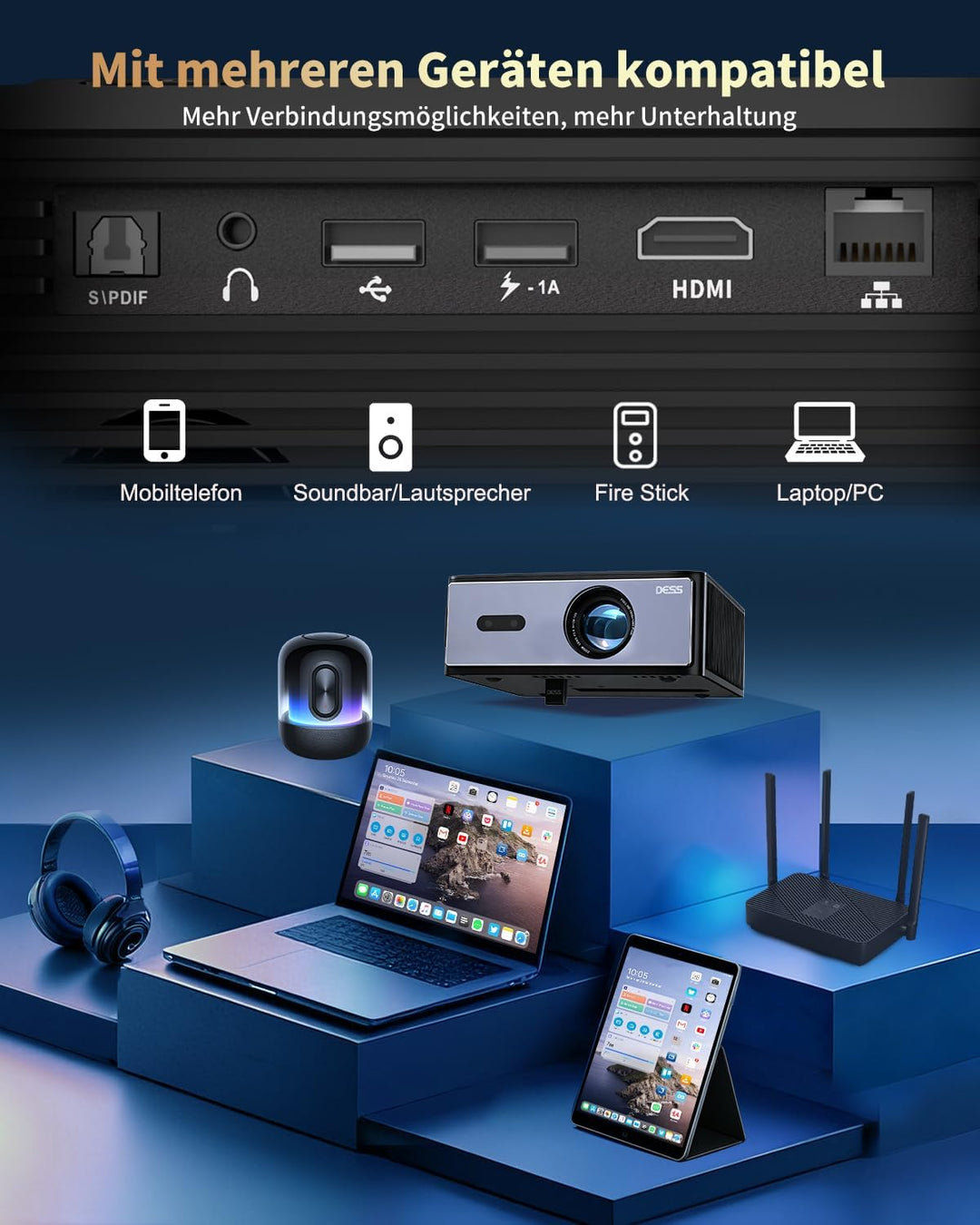 Projektor, Dess 4K-Projektor mit WLAN und Bluetooth, 1080 P nativ, Laser mit Autofokus-Keystone, für