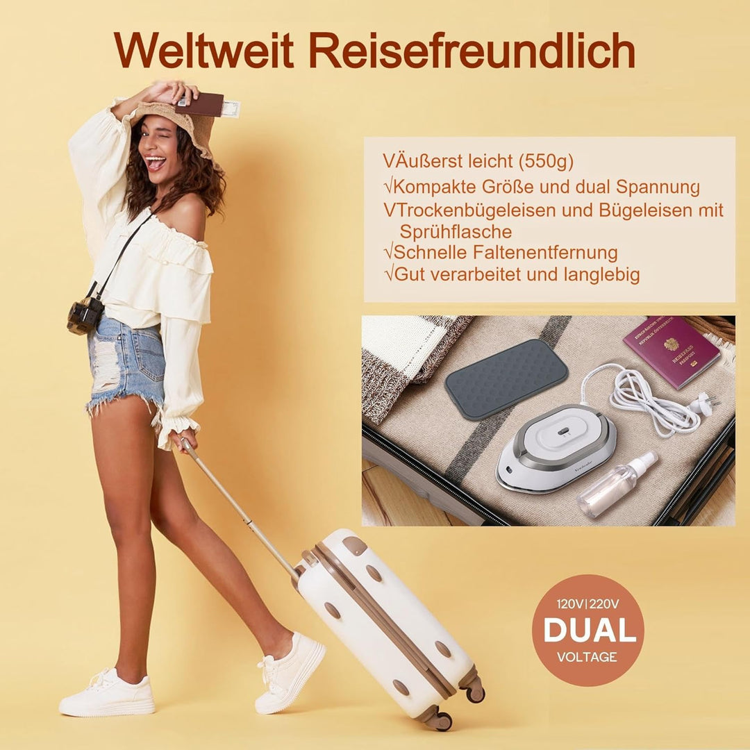 Newbealer Mini Reisebügeleisen mit umschaltbarer Spannung-220V/120V, Kompaktes Bügeleisen für Kleidu