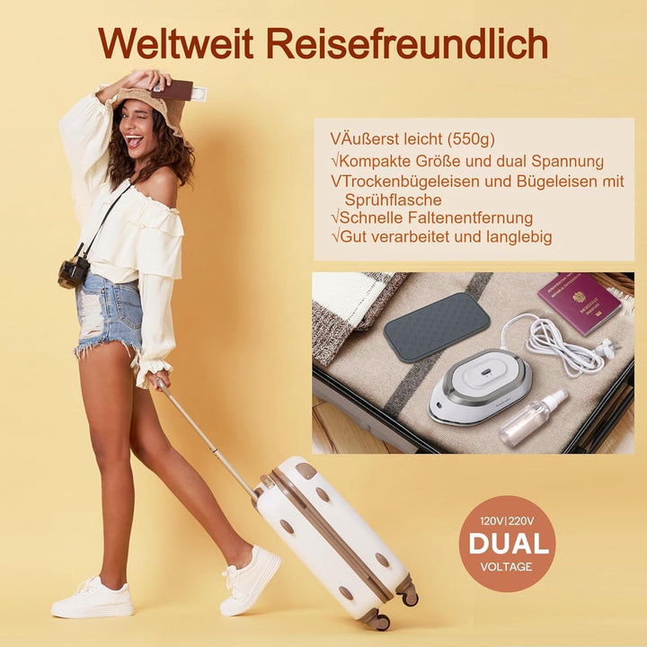 Newbealer Mini Reisebügeleisen mit umschaltbarer Spannung-220V/120V, Kompaktes Bügeleisen für Kleidu