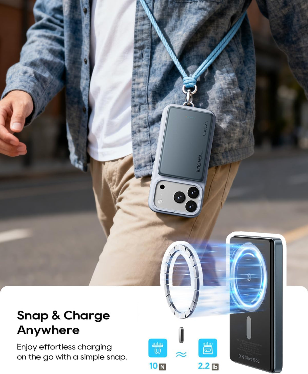 Kuulaa MagSafe Powerbank 10000 mAh,Ultradünn Power Bank mit Schnellladung 20W USB-C Ausgang/Eingang