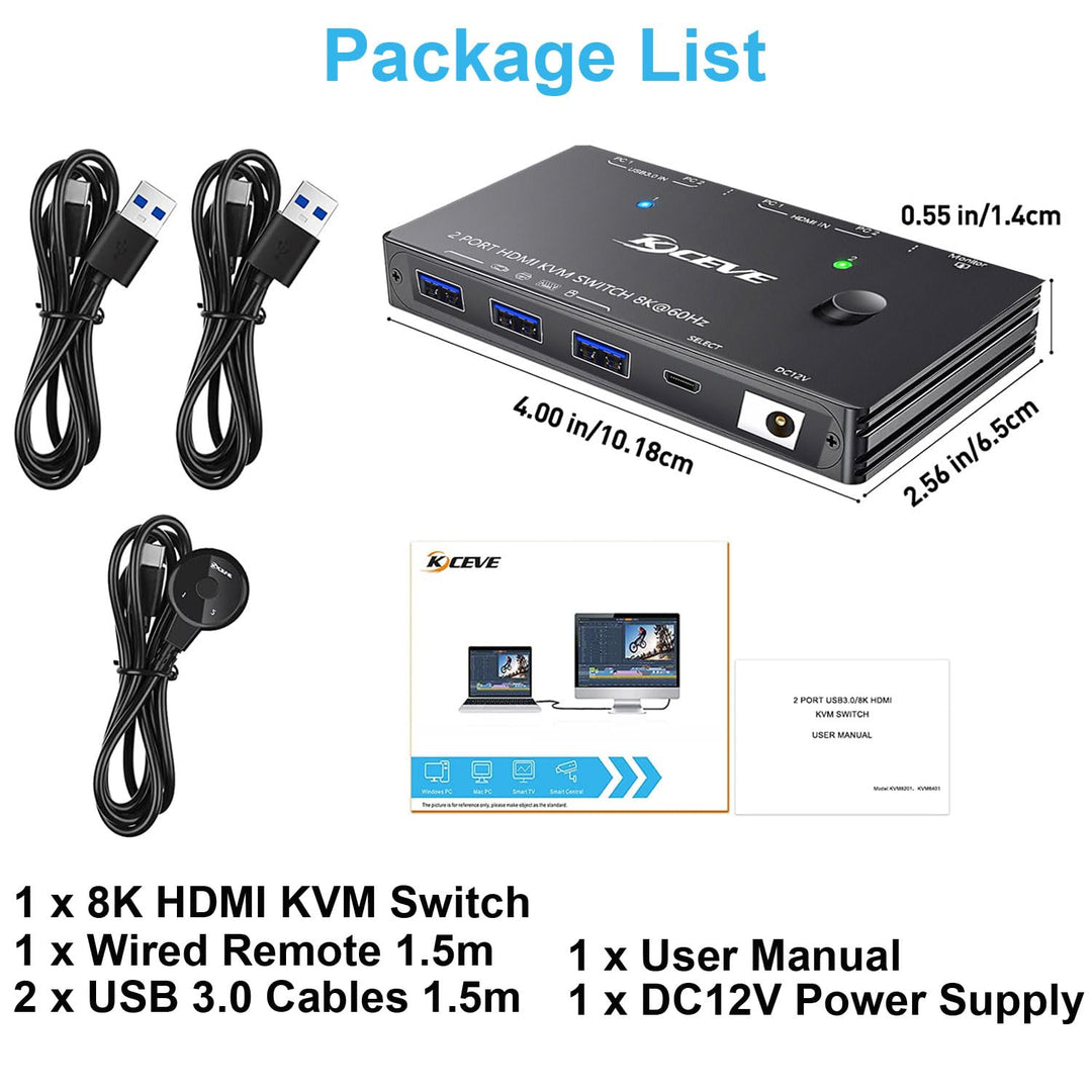 KVM Switch HDMI 8K@60Hz/4K@120Hz, HDMI2.1 KVM Switch 2 PC 1 Monitor with 3 USB3.0 Geräte, HDCP 2.3,