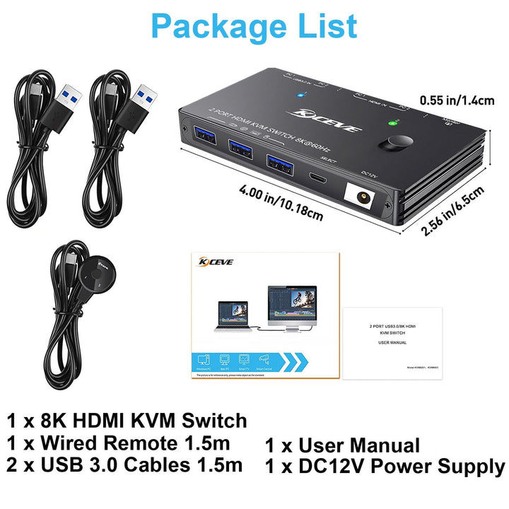 KVM Switch HDMI 8K@60Hz/4K@120Hz, HDMI2.1 KVM Switch 2 PC 1 Monitor with 3 USB3.0 Geräte, HDCP 2.3,