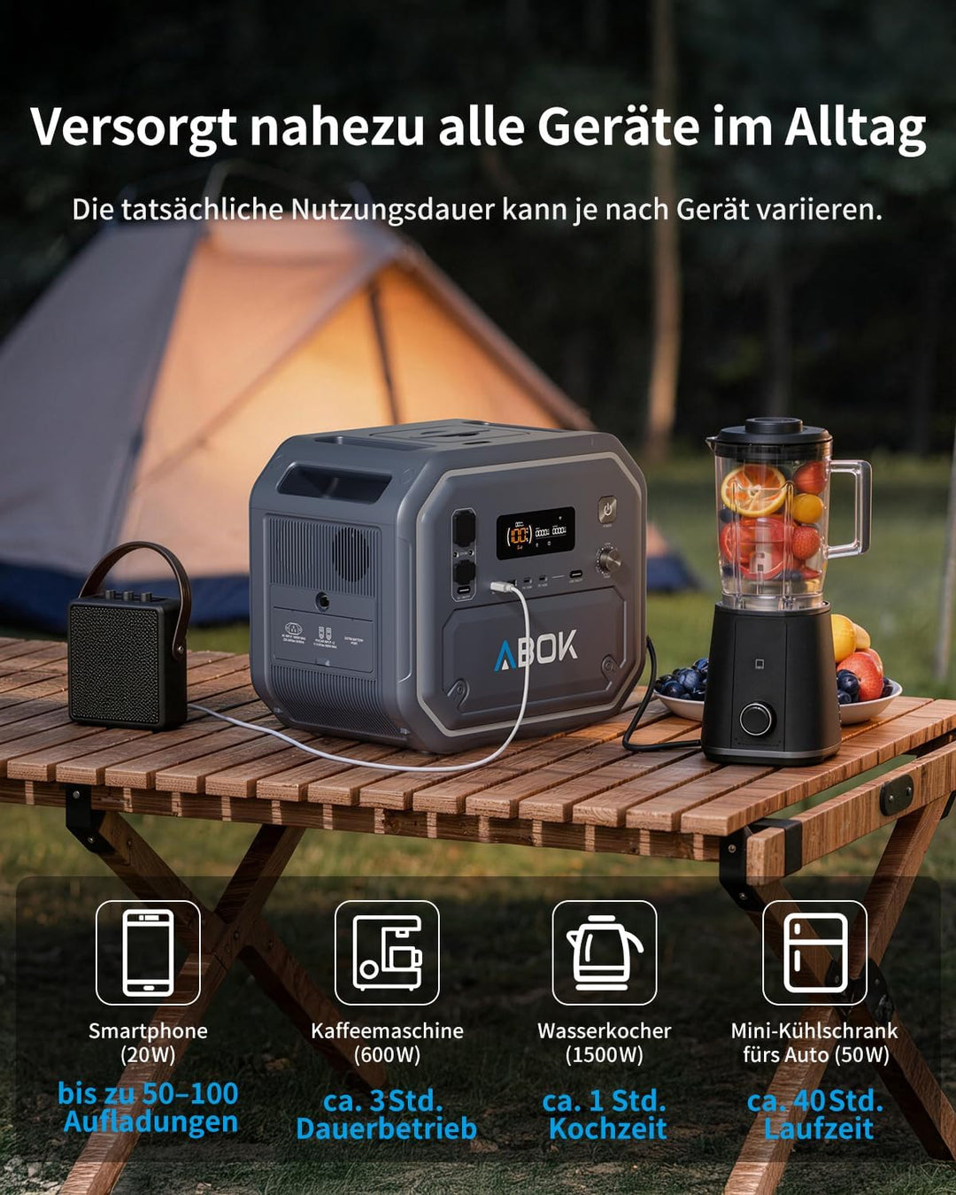 ABOK Ark2500 Tragbare Powerstation, 2160Wh LiFePO4, 2500W AC, USV & App, Solargenerator mit AC+Solar