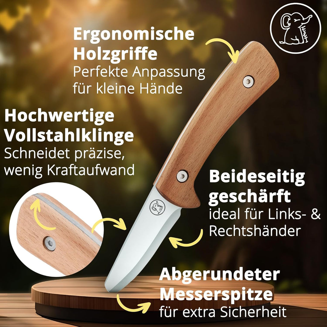 Eli® Schnitzmesser für Kinder mit Ledertasche ab 8 Jahre - hochwertiges Kindermesser Schnitzset inkl