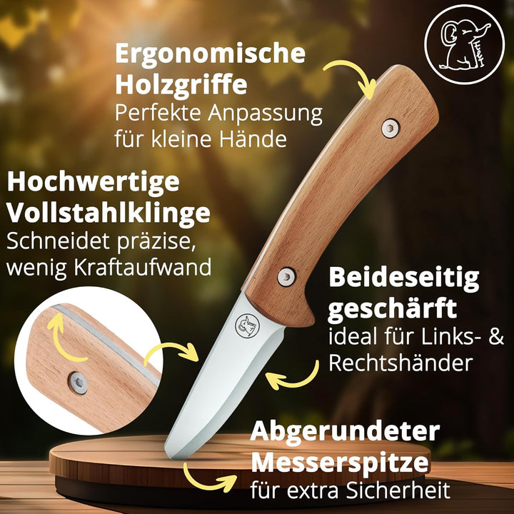 Eli® Schnitzmesser für Kinder mit Ledertasche ab 8 Jahre - hochwertiges Kindermesser Schnitzset inkl