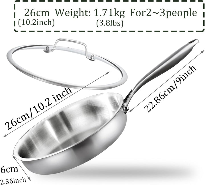 Dreilagige Edelstahl Bratpfanne mit Deckel 26cm,Edelstahlpfanne Unbeschichtet,Induktions Pfanne,Hoch
