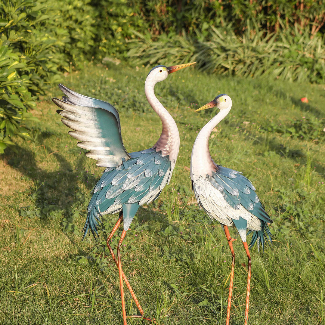 TERESA'S COLLECTIONS Gartendeko für draussen, Grosse Blaue Fischreiher Metall Gartenfiguren 2er Set