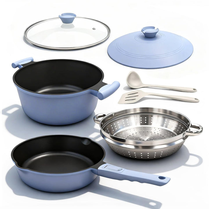 Topf und Pfannenset 7-Teilig, Pfanne 28cm mit Abnehmbarer Griff, Kochtopf 28cm mit Deckel/Dampfgarer