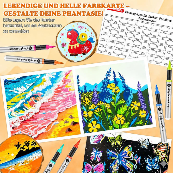 Vozuna 120 Acrylstifte Set Wasserfest – Acrylmarker mit Pinselspitze zum Steine Bemalen, für Glas, P