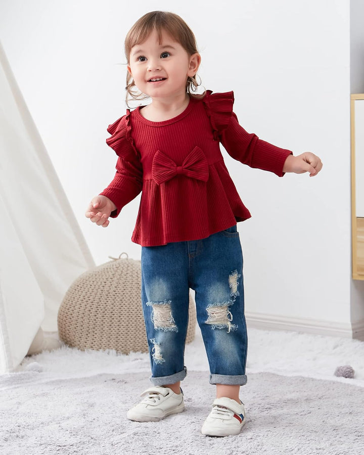 Baby-Mädchen Bekleidungssets Rüschen Langarm Top + Jeans Hosen 2tlg Kleinkinder Mädchen Geburtstag O