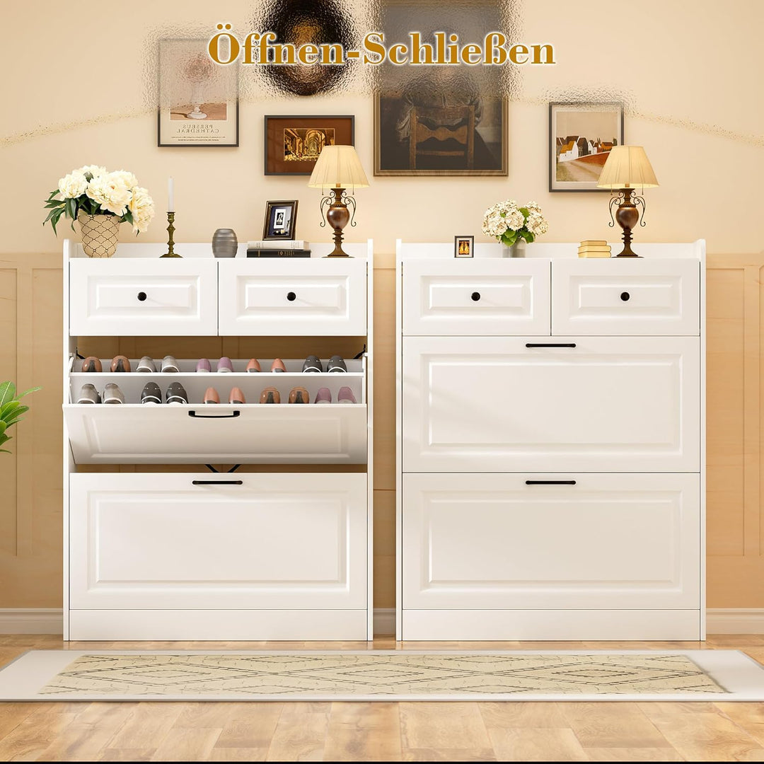 Schuhschrank Weiss mit 2 Klappen, Schuhschrank mit Schublade, Schuhkipper Schmal, 80 cm Breit, Flur,